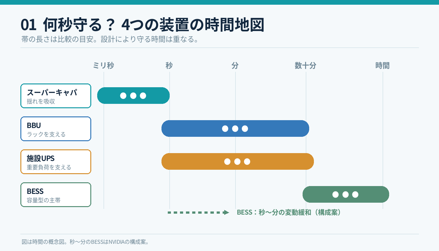 スーパーキャパ・BBU・施設UPS・BESSの対応時間を比べる概念図